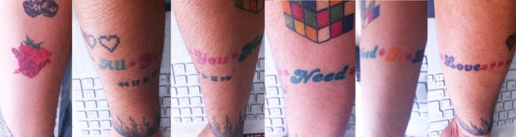 Minhas duas tattoos: o morando do filme Across the Universe e um trecho da musica All You Need is Love. Feitas pelo Roger Tattoo