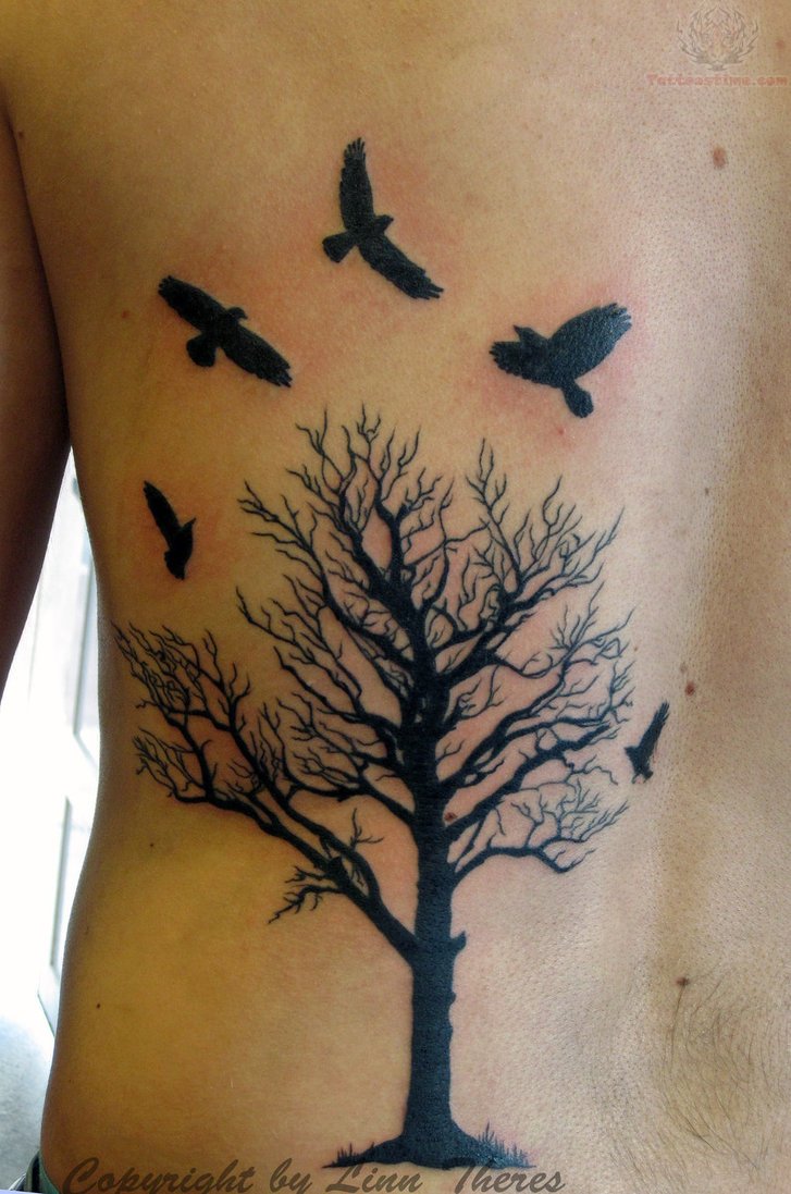 crows-flying-from-tree-tattoo-on-back