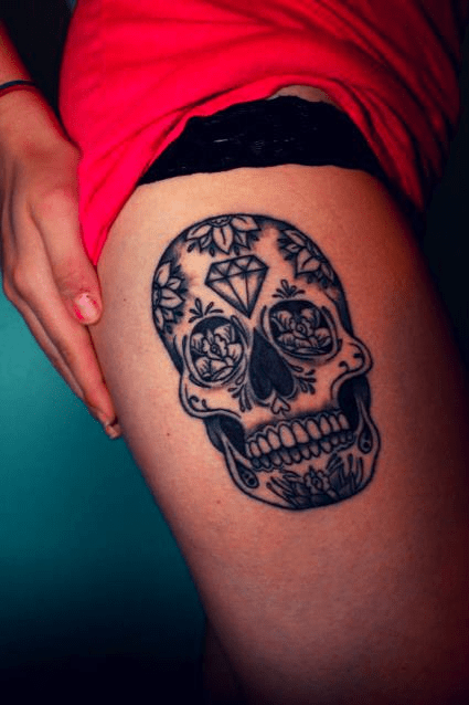 grey-ink-sugar-skull-thigh-tattoo