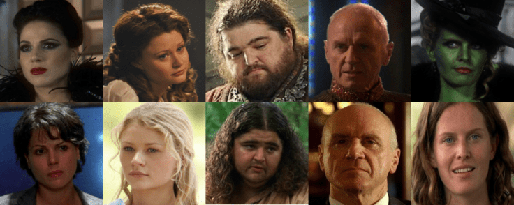 Lana Parrilla, Emile de Ravin, Jorge Garcia, Alan Dale e Rebecca Mader em OUAT (em cima) e em Lost (embaixo)
